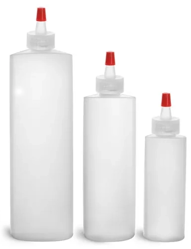 HDPE Plastic Bottles, Natural Cylinder Bottles w/ Long Tip Spout Caps w/ .030 hole