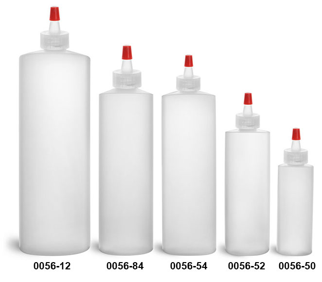 Plastic Bottles, Natural HDPE Cylinder Bottles w/ Long Tip Spout Caps With .030 Hole