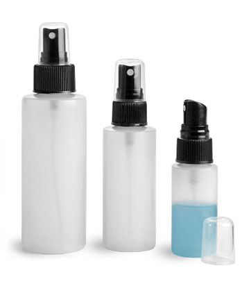 HDPE Plastic Bottles, Natural Cylinder Bottles w/ Black Fine Mist Sprayers