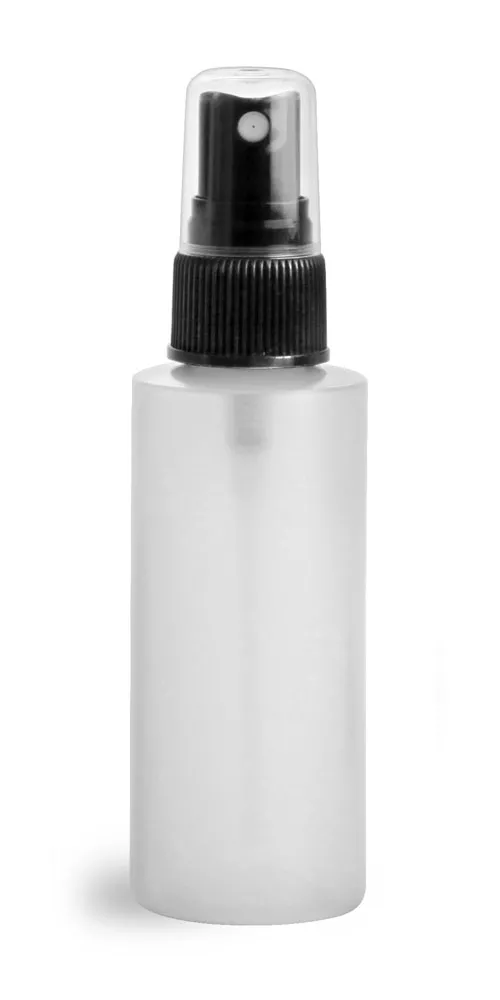 2 oz Natural HDPE Cylinders w/ Black Fine Mist Sprayers