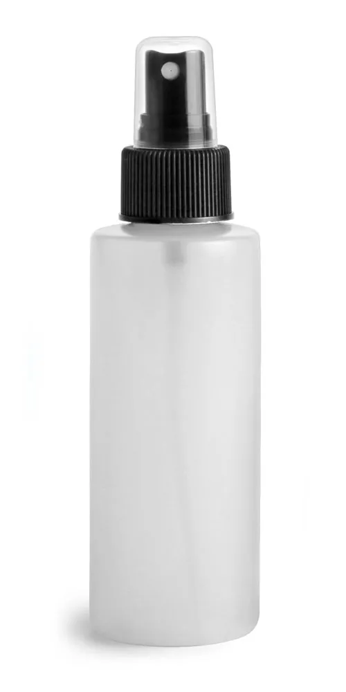 4 oz Natural HDPE Cylinders w/ Black Fine Mist Sprayers