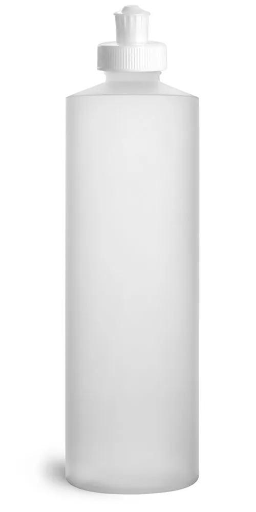 16 oz Plastic Bottles, Natural HDPE Cylinder Bottles w/ White Push/Pull Caps