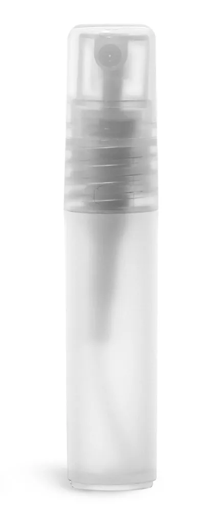5 ml Plastic Vials, Natural Frosted Polypropylene Mini Cylinders w/ Natural Fine Mist Sprayers and Overcaps