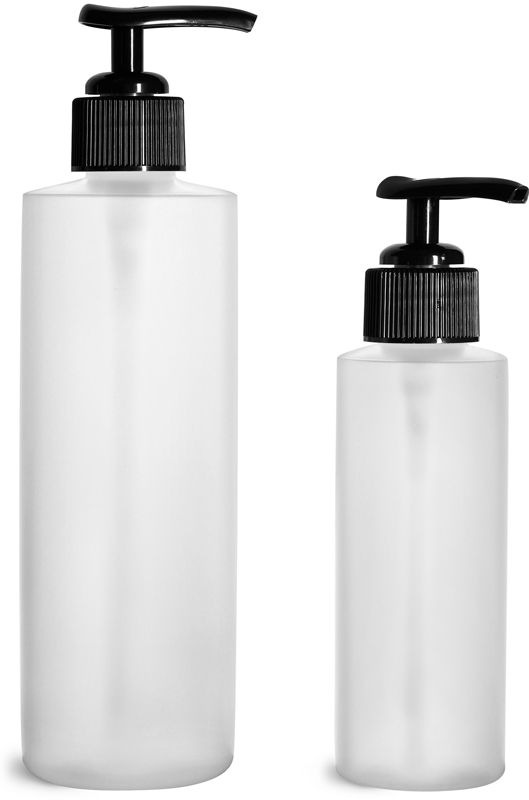 HDPE Plastic Bottles, Natural Cylinder Bottles w/ Black Ribbed Lotion Pumps 