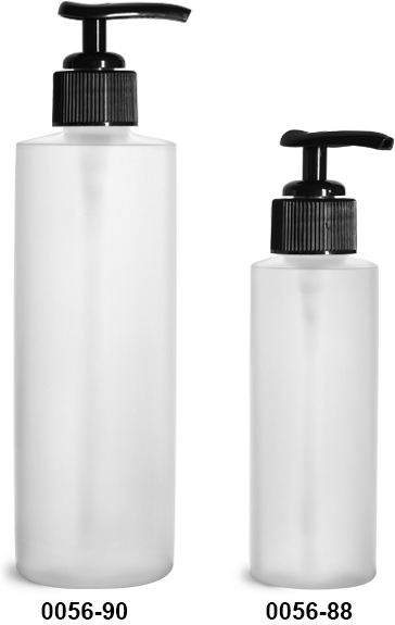 Plastic Bottles, Natural HDPE Cylinder Bottles w/ Black Ribbed Lotion Pumps