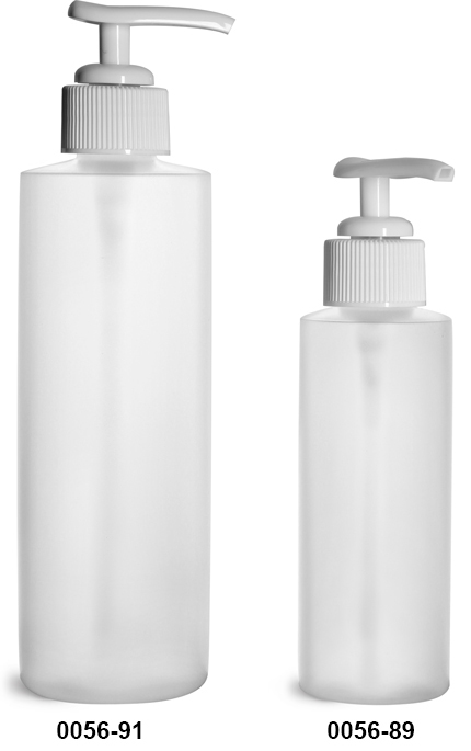 Plastic Bottles, Natural HDPE Cylinder Bottles w/ White Ribbed Lotion Pumps