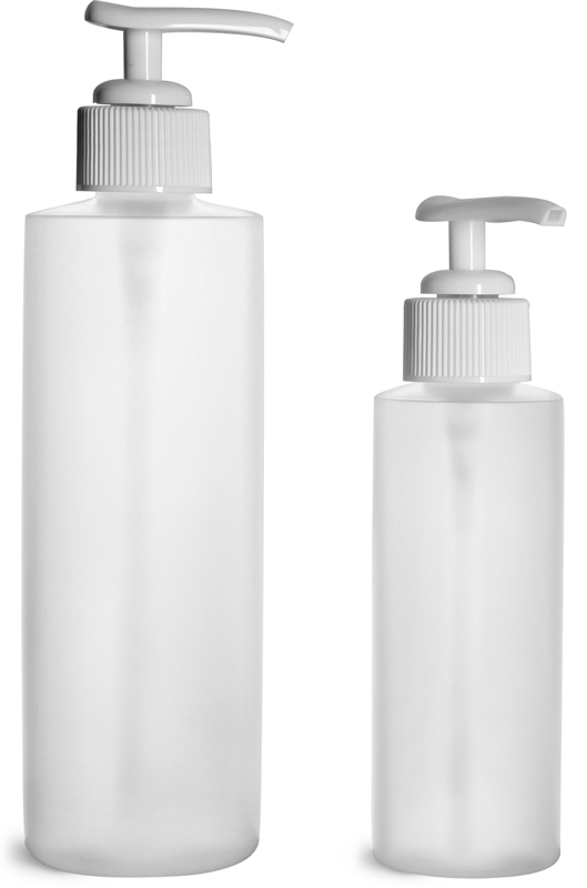 HDPE Plastic Bottles, Natural Cylinder Bottles w/ White Ribbed Lotion Pumps 
