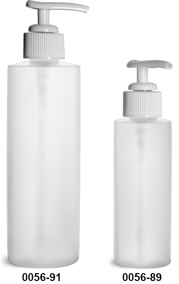 Plastic Bottles, Natural HDPE Cylinder Bottles w/ White Ribbed Lotion Pumps