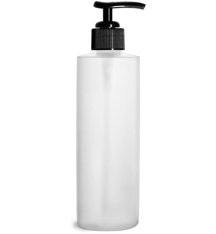 HDPE Plastic Bottles, Natural Cylinder Bottles w/ Black Ribbed Lotion Pumps