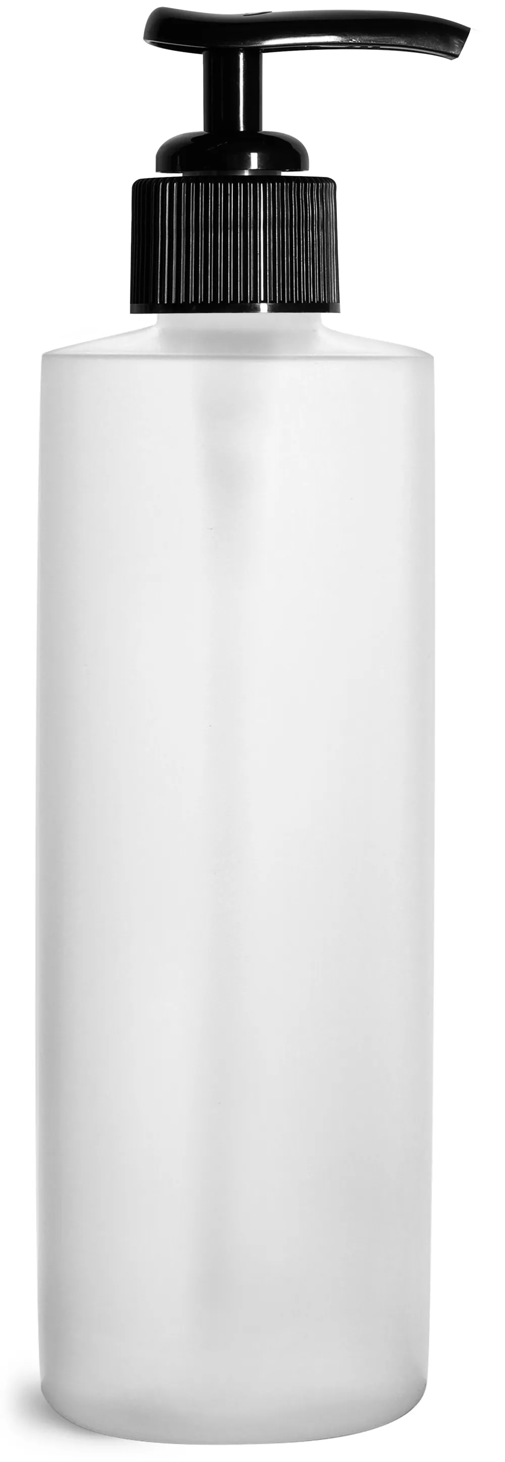 8 oz Natural HDPE Cylinder Bottles w/ Black Ribbed Polypropylene Lotion Pumps