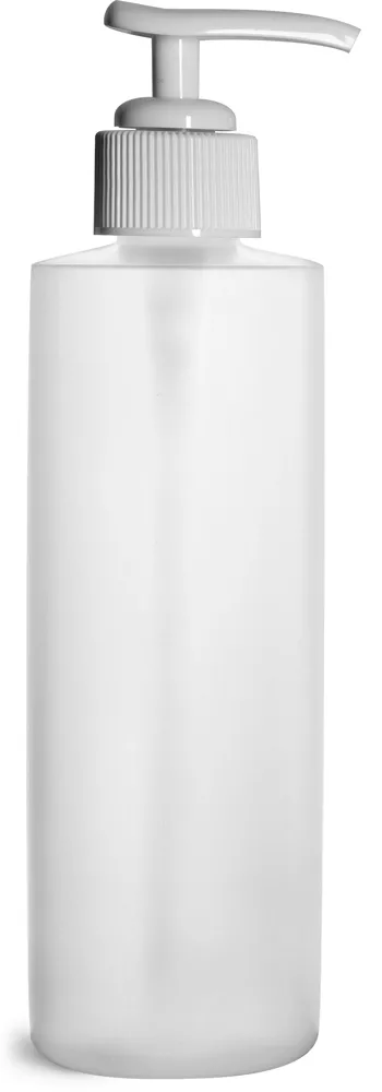 8 oz Natural HDPE Cylinder Bottles w/ White Ribbed Polypropylene Lotion Pumps