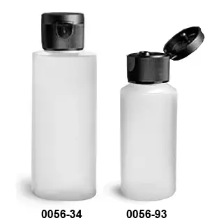 2 oz Natural HDPE Cylinder Bottles w/ Black Ribbed Snap Caps