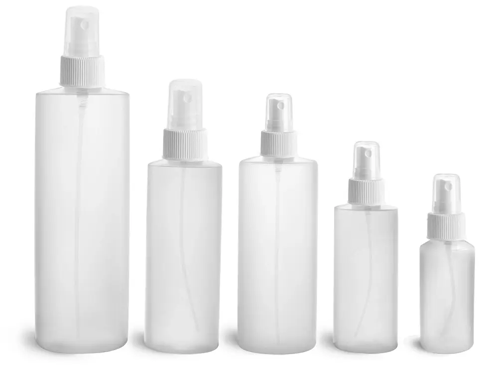 Natural HDPE Cylinder Bottles w/ White Fine Mist Sprayers
