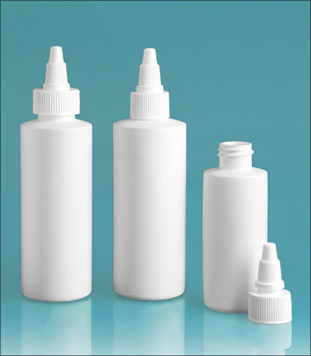HDPE Plastic Bottles, White Cylinder Bottles w/ White Twist Top Caps