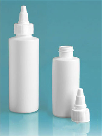 HDPE Plastic Bottles, White Cylinder Bottles w/ White Twist Top Caps