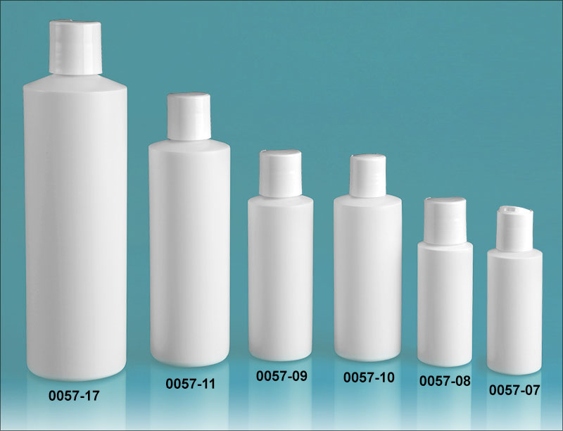 Plastic Bottles, White HDPE Cylinder Bottles w/ White Disc Top Caps