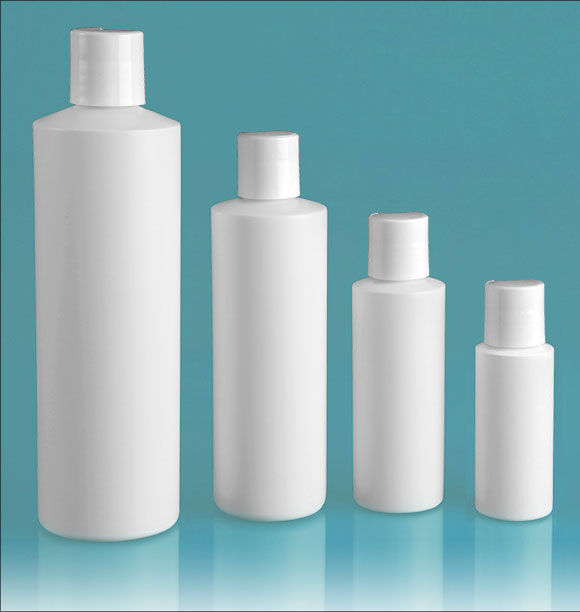 HDPE Plastic Bottles, White Cylinder Bottles w/ White Disc Top Caps