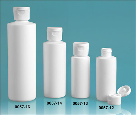 Plastic Bottles, White HDPE Cylinder Bottles w/ White Ribbed Snap Top Caps