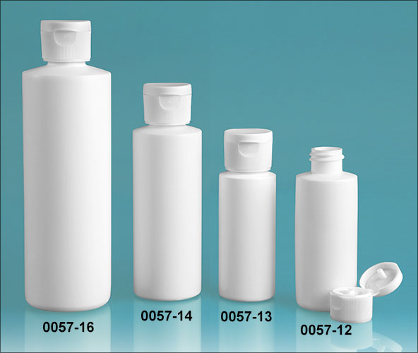 Plastic Bottles, White HDPE Cylinder Bottles w/ White Ribbed Snap Top Caps