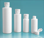 HDPE Plastic Bottles, White Cylinder Bottles w/ White Ribbed Snap Top Caps