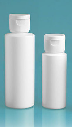 HDPE Plastic Bottles, White Cylinder Bottles w/ White Ribbed Snap Top Caps