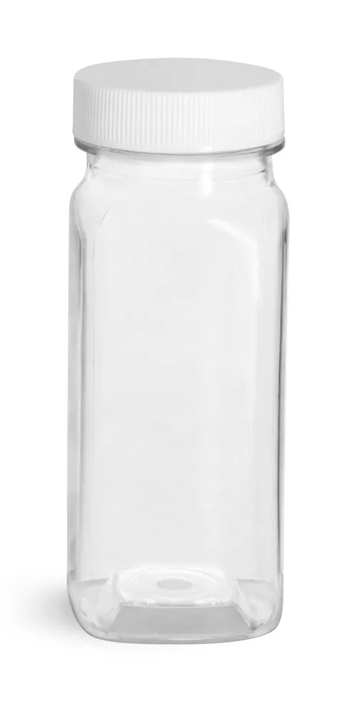4 oz Plastic Bottles, Clear PET Square Bottles With White Ribbed Caps