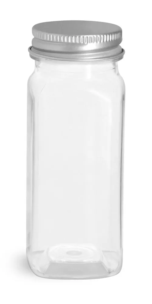 4 oz Clear PET Square Bottles w/ Lined Aluminum Caps