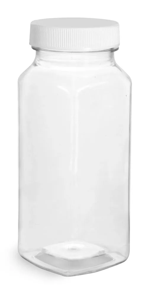 8 oz Plastic Bottles, Clear PET Square Bottles With White Ribbed Caps