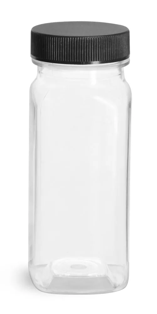 8 oz Clear PET Square Bottles w/ Black Ribbed PE Lined Caps