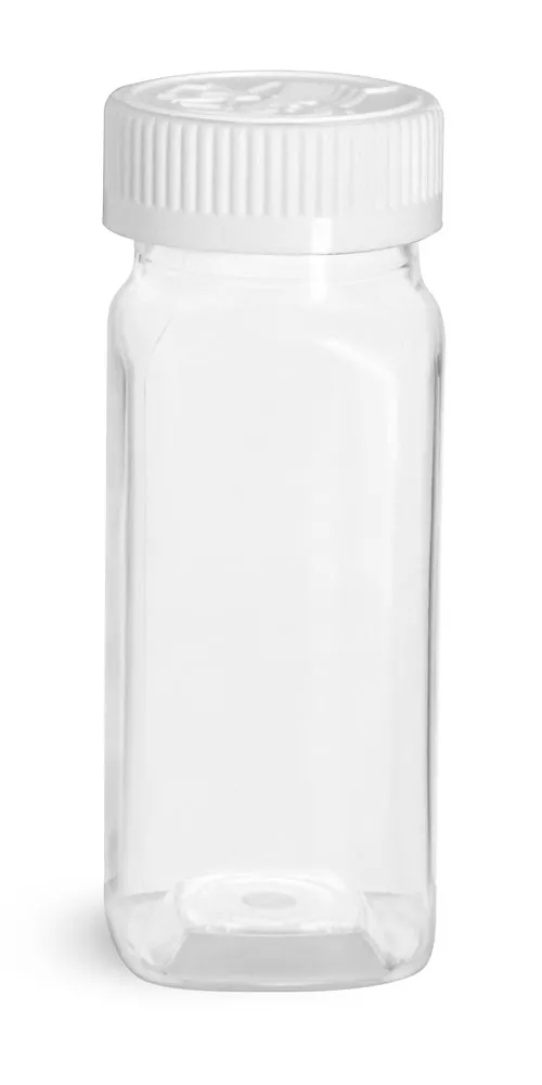 4 oz Clear PET Square Bottles w/ White Child Resistant Caps