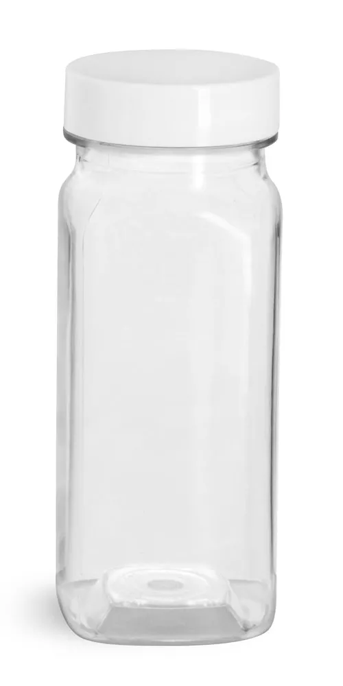 4 oz Clear PET Square Bottles w/ Smooth White PE Lined Caps