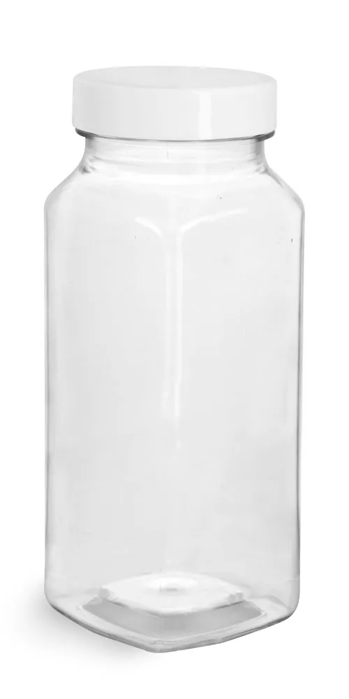 8 oz Clear PET Square Bottles w/ Smooth White PE Lined Caps
