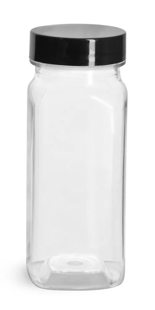4 oz Clear PET Square Bottles w/ Smooth Black PE Lined Caps