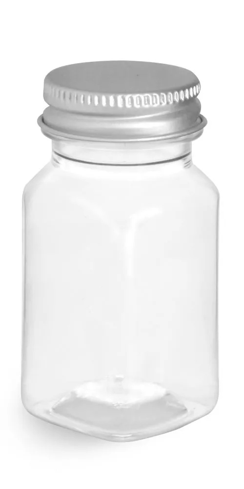 2 oz Clear PET Square Bottles w/ Lined Aluminum Caps