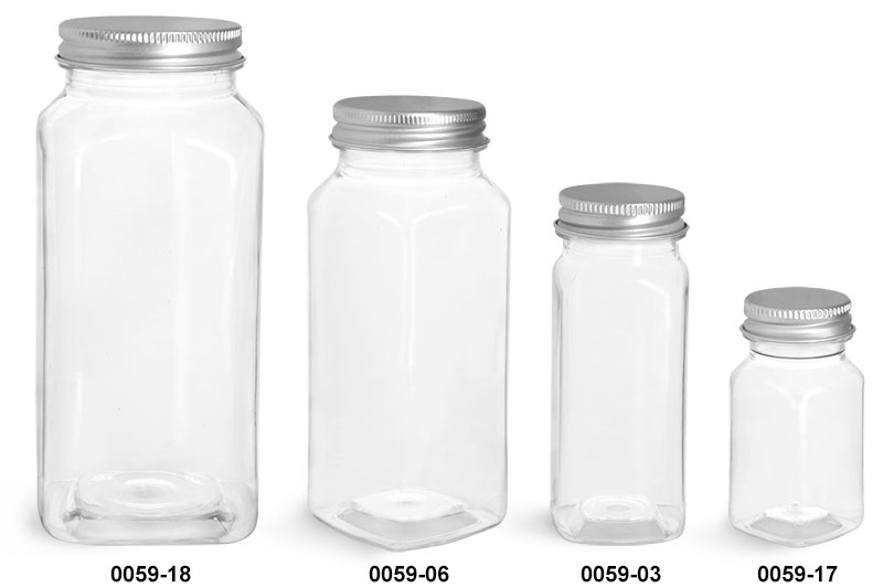 Plastic Bottles, Clear PET Square Bottles with Lined Aluminum Caps