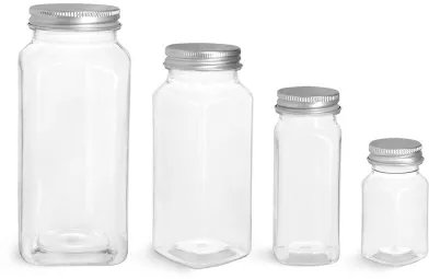 PET Clear Square Bottles w/ Lined Aluminum Caps