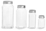 PET Plastic Bottles, Clear Square Bottles w/ Lined Aluminum Caps