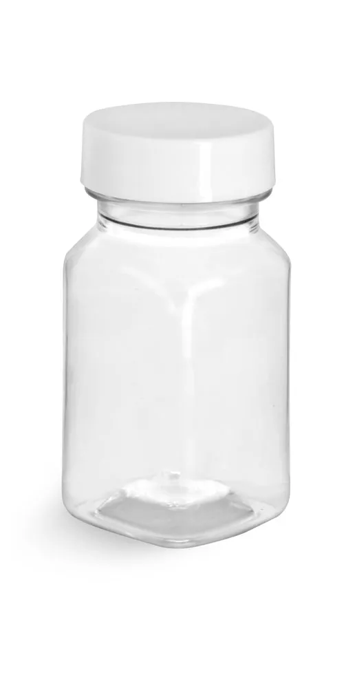 2 oz Clear PET Square Bottles w/ Smooth White PE Lined Caps