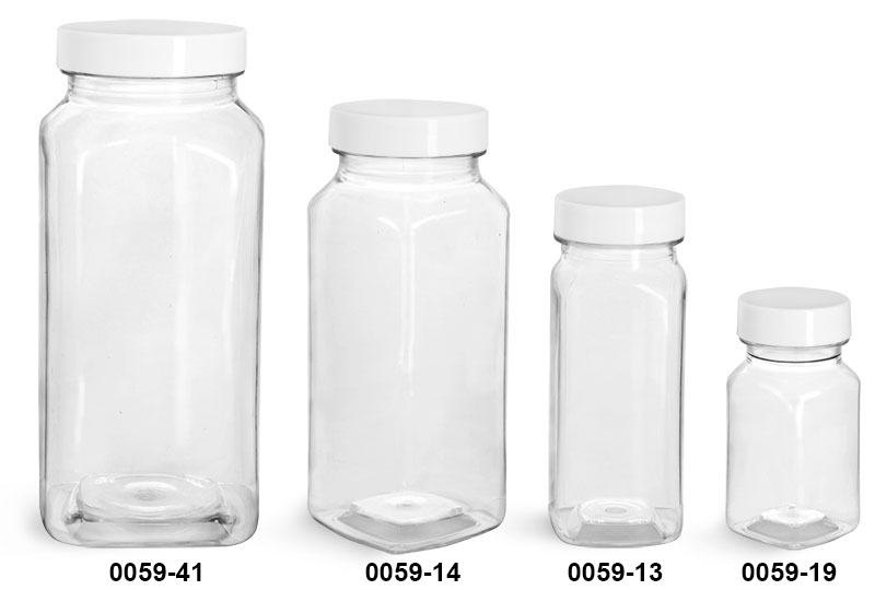 Plastic Bottles, Clear PET Square Bottles w/ White Smooth Plastic Lined Caps