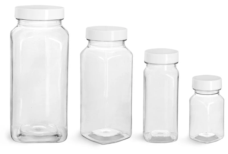 PET  Clear Square Bottles w/ Smooth White PE Lined Caps
