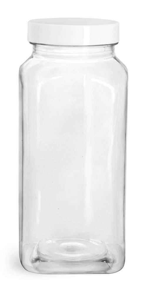 16 oz  Clear PET Square Bottles w/ Smooth White PE Lined Caps