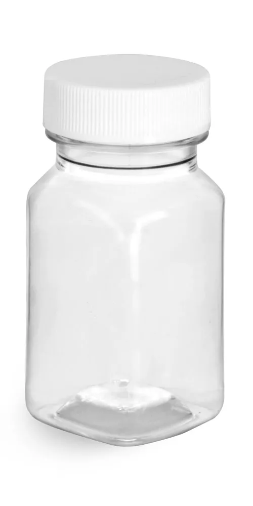 2 oz Plastic Bottles, Clear PET Square Bottles With White Ribbed Caps
