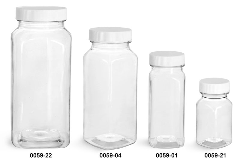 Plastic Bottles, Clear PET Square Bottles With White Ribbed Caps