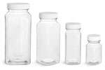 PET Plastic Bottles, Clear Square Bottles w/ White Ribbed Caps