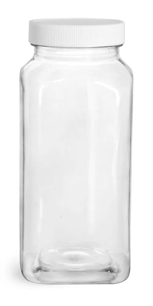 16 oz Plastic Bottles, Clear PET Square Bottles With White Ribbed Caps