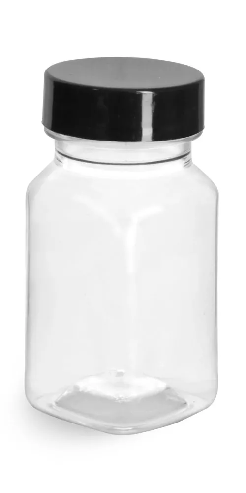 2 oz Clear PET Square Bottles w/ Smooth Black PE Lined Caps