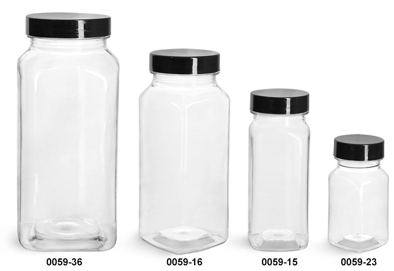 Plastic Bottles, Clear PET Square Bottles w/ Black Smooth Plastic Lined Caps