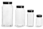 PET Plastic Bottles, Clear Square Bottles w/ Smooth Black F217 Lined Caps