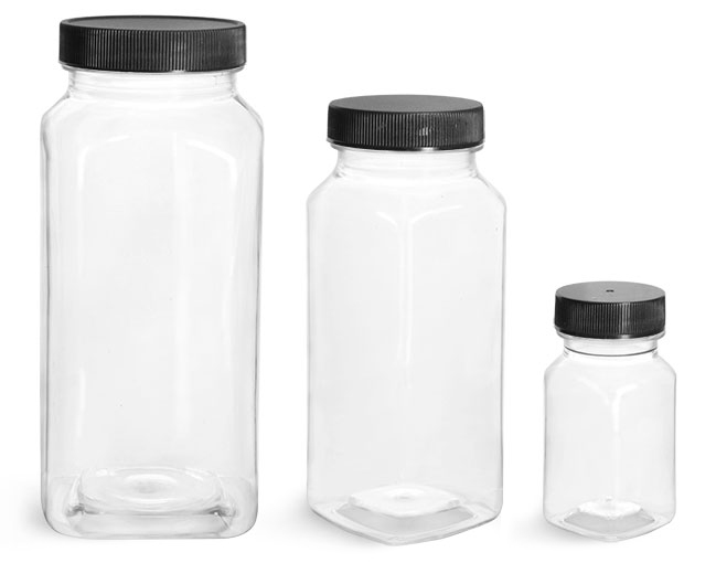 16 oz Clear PET Square Bottles w/ Black Ribbed PE Lined Caps