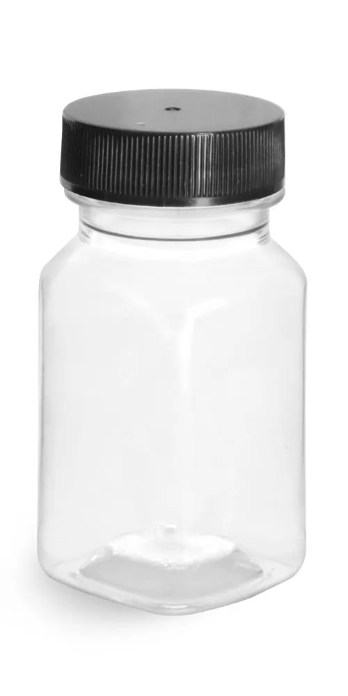 2 oz Clear PET Square Bottles w/ Black Ribbed PE Lined Caps